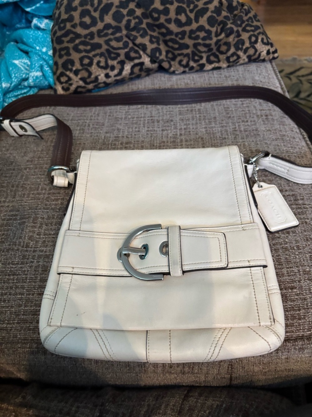 Coach Cream Leather Crossbody with Silver Buckle and Brown Strap